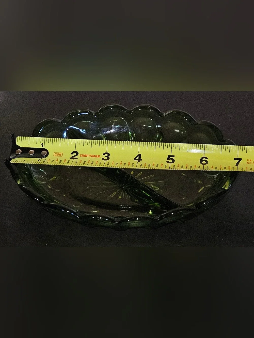 Vintage Anchor Hock Olive Green Glass Oval Serving Dish Divided Scalloped Edge